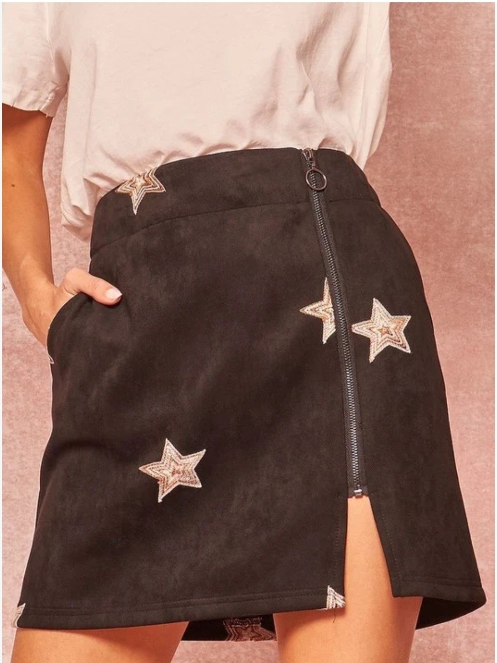 Altar'd State Black Star Embroidered Zip-Front Mini Skirt W/gold Stars. Size Xs